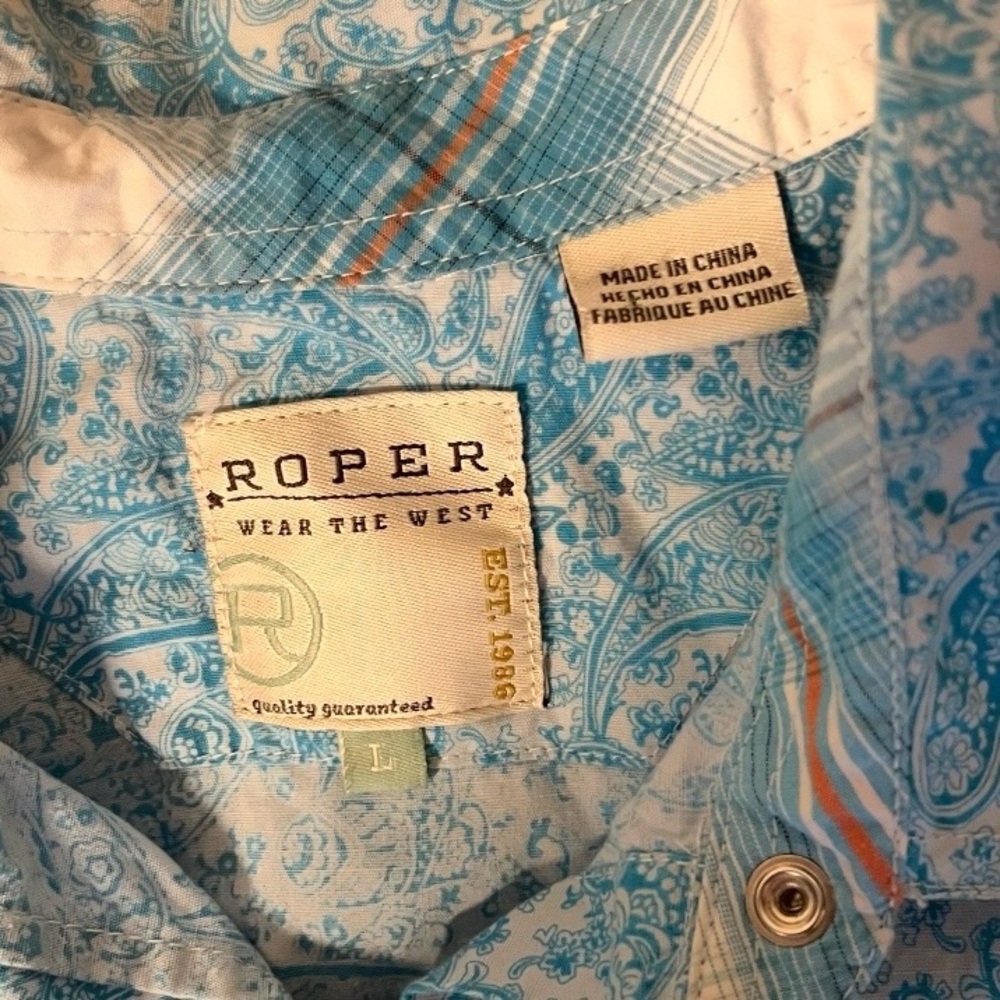 ROPER Blue Western Blouse Pearl Snaps Short Puff Sleeves Paisley Size Large - Picture 8 of 10